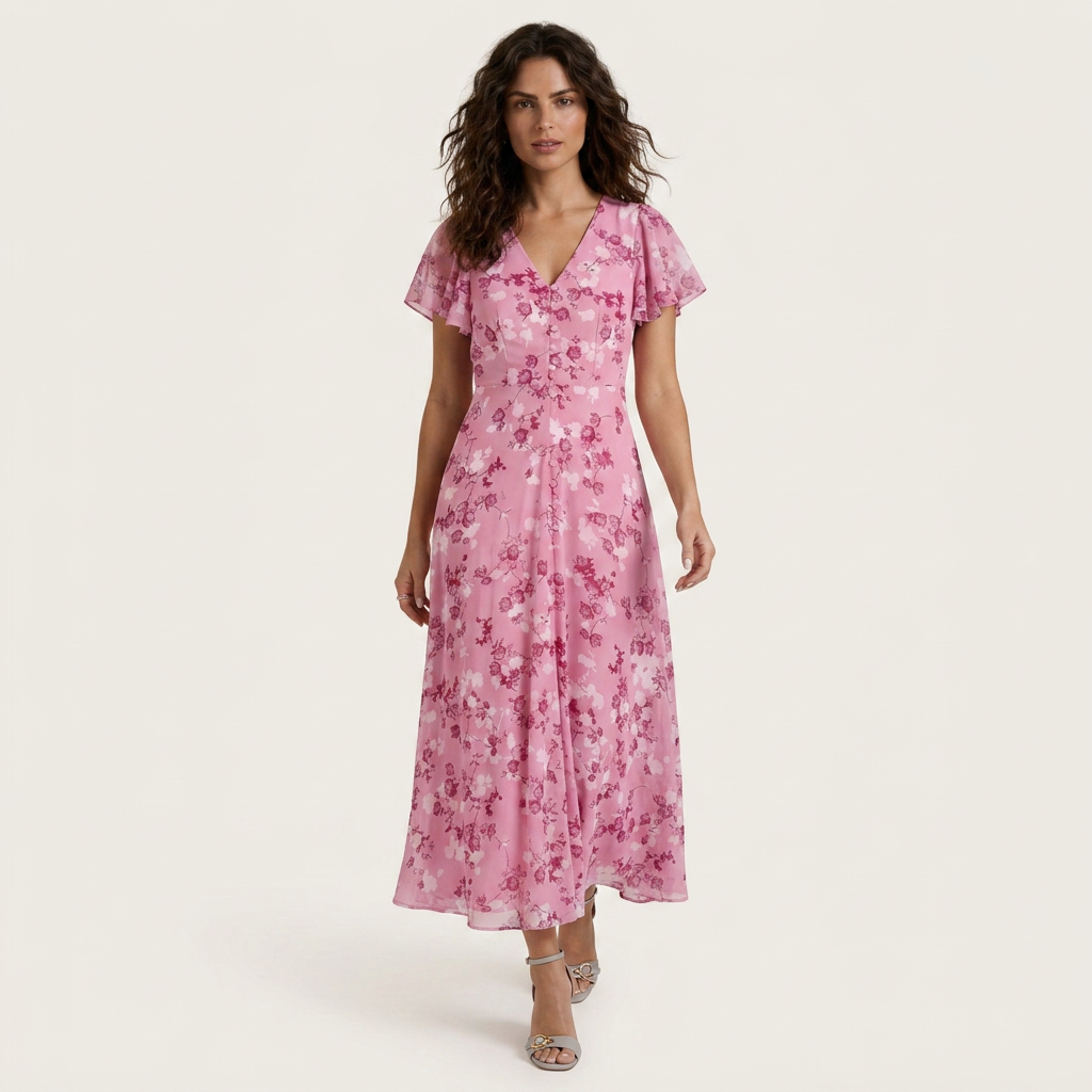 Robe Longue Fleurie Femme Col V Manches Volantes