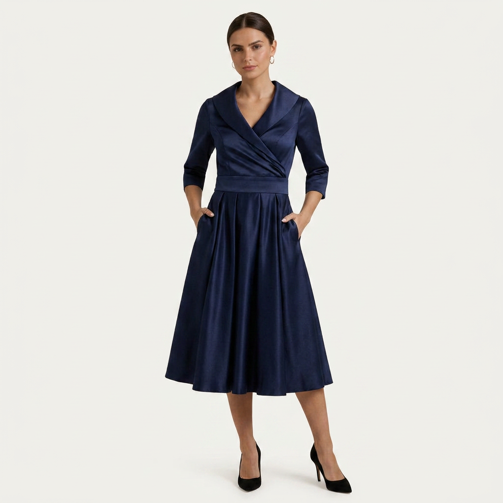 Robe Midi Portefeuille Femme Col Châle Manches 3/4