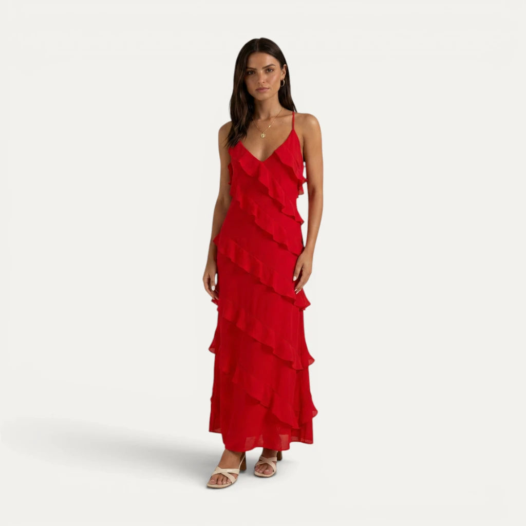 Robe Longue Femme Jaune Volants Col Halter