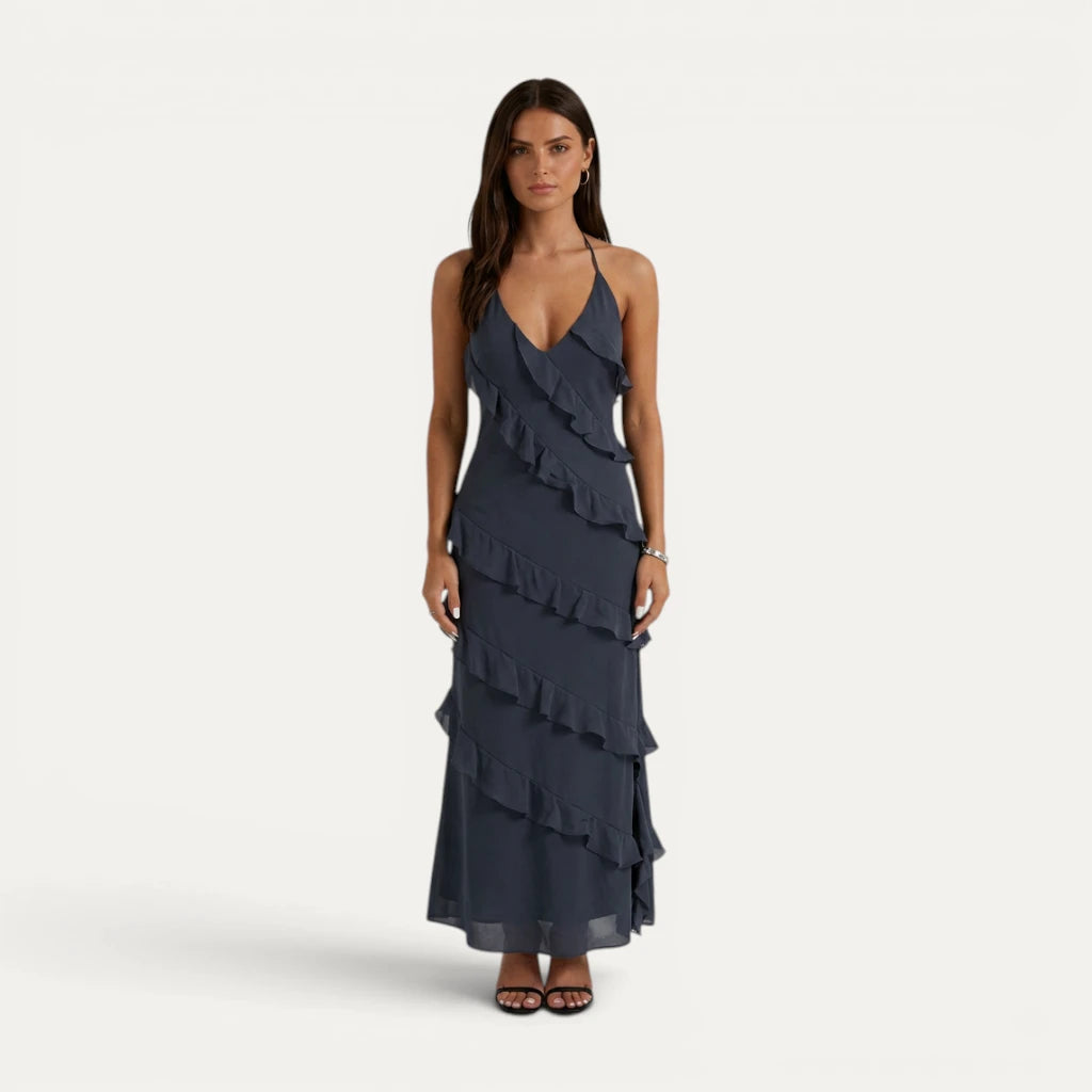 Robe Longue Femme Jaune Volants Col Halter