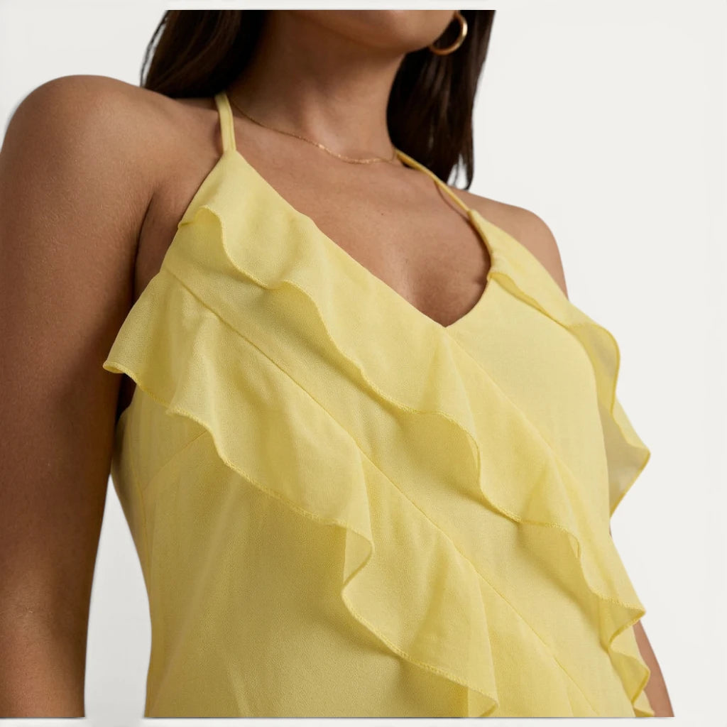 Robe Longue Femme Jaune Volants Col Halter