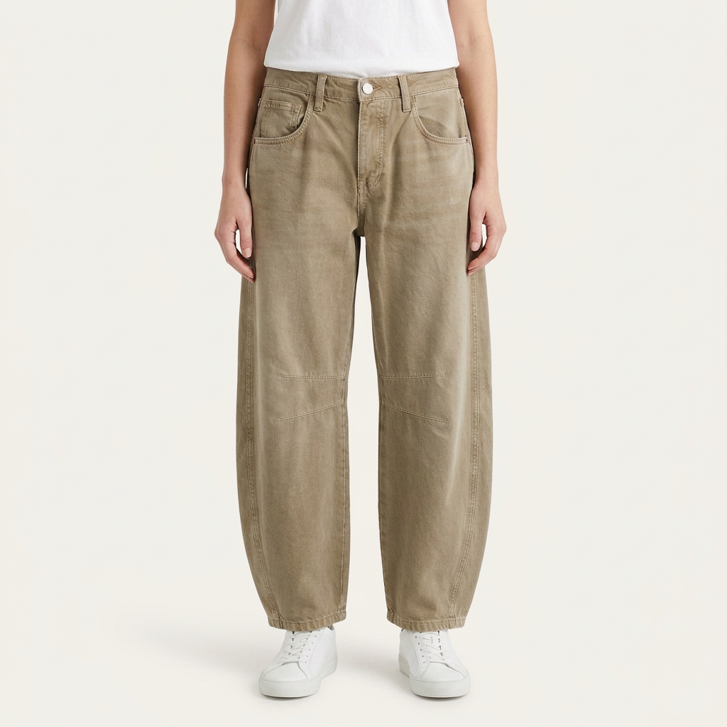 Jean Barrel Femme Denim Délavé Coutures Structurées