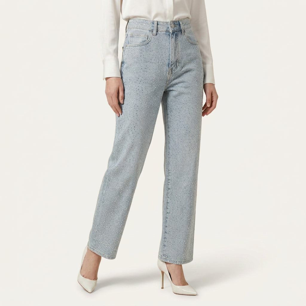 Jean Droit Femme Strass Denim Délavé