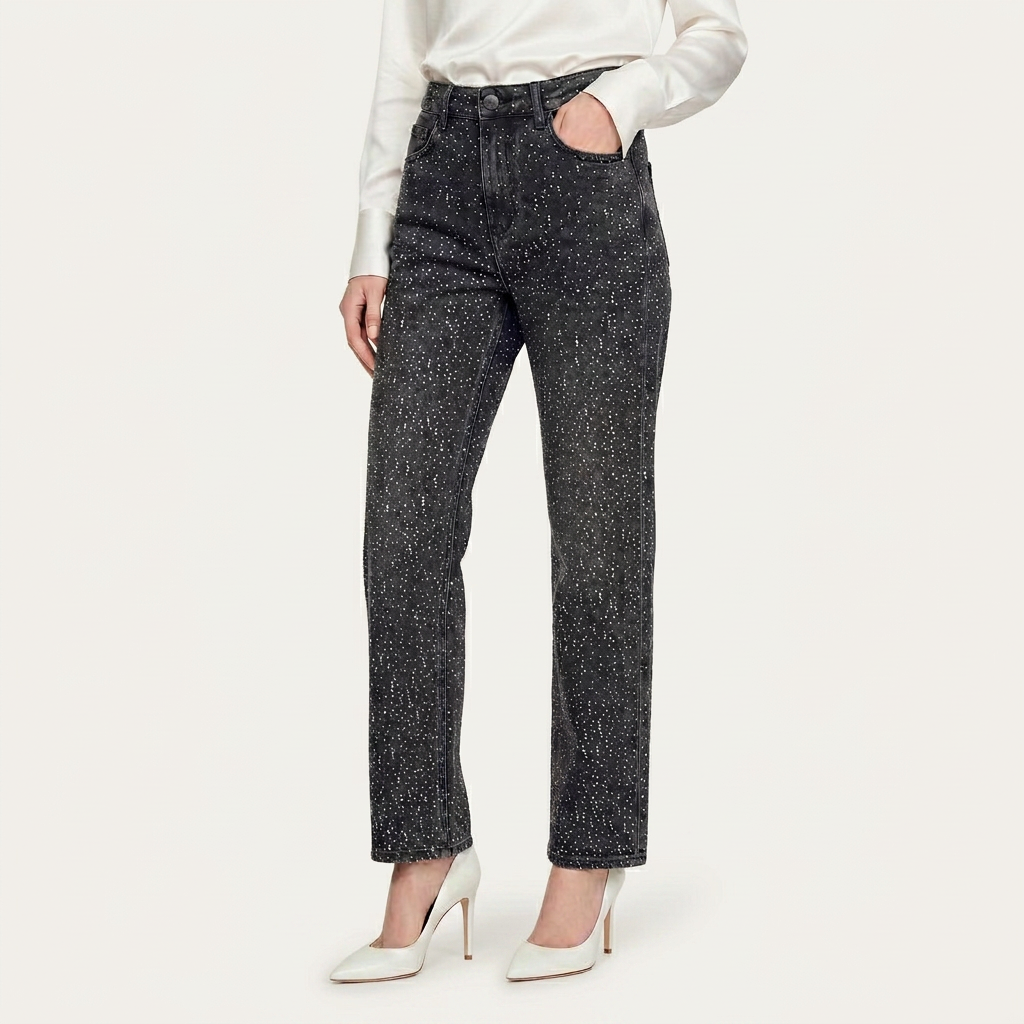 Jean Droit Femme Strass Denim Délavé