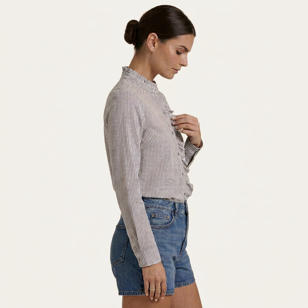 Chemisier Femme Rayé À Volants Boutonné
