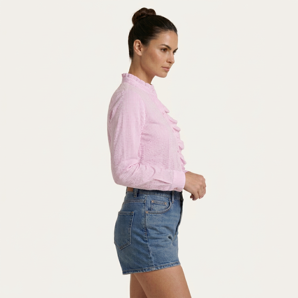 Chemisier Femme Rayé À Volants Boutonné