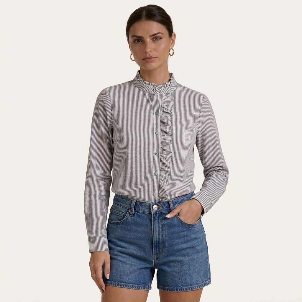 Chemisier Femme Rayé À Volants Boutonné