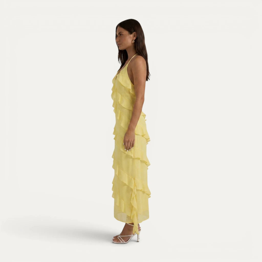 Robe Longue Femme Jaune Volants Col Halter