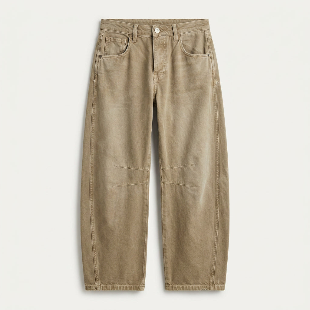 Jean Barrel Femme Denim Délavé Coutures Structurées