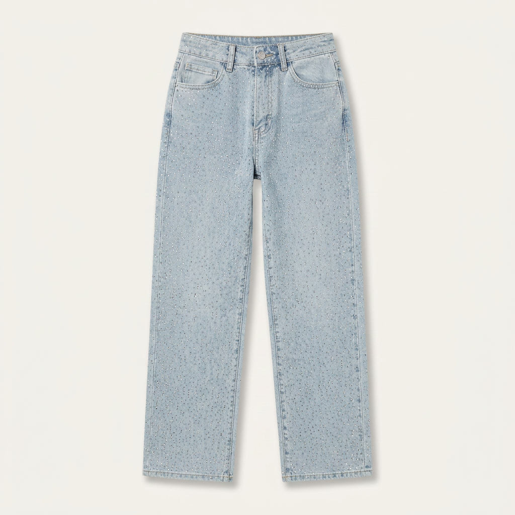 Jean Droit Femme Strass Denim Délavé