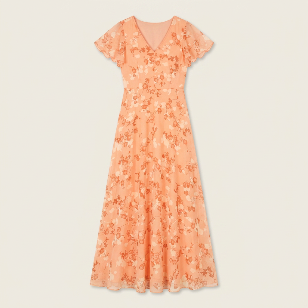 Robe Longue Fleurie Femme Col V Manches Volantes