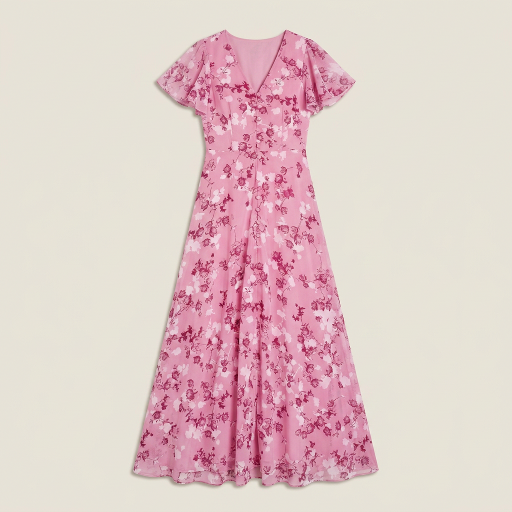 Robe Longue Fleurie Femme Col V Manches Volantes