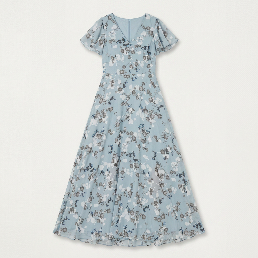 Robe Longue Fleurie Femme Col V Manches Volantes