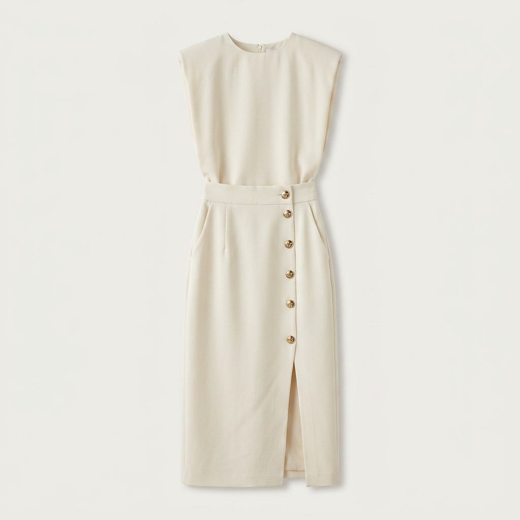 Robe Midi Femme Boutons Dorés Coupe Droite