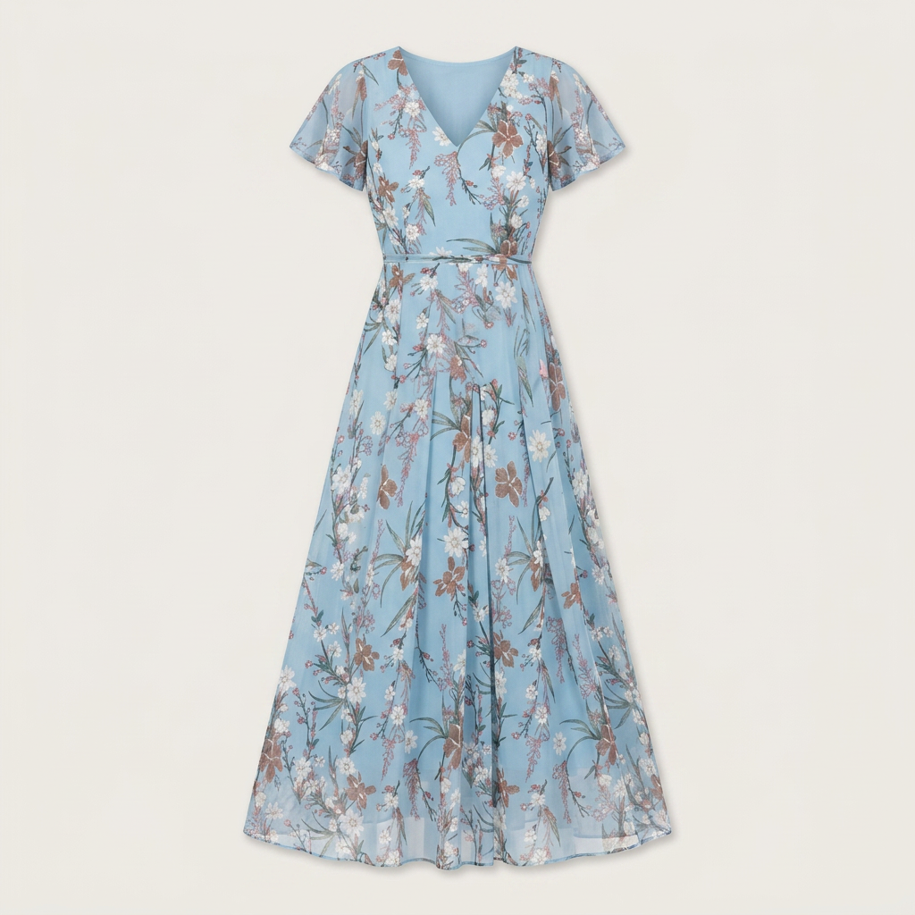 Robe Longue Fleurie Femme Col V Manches Volantes