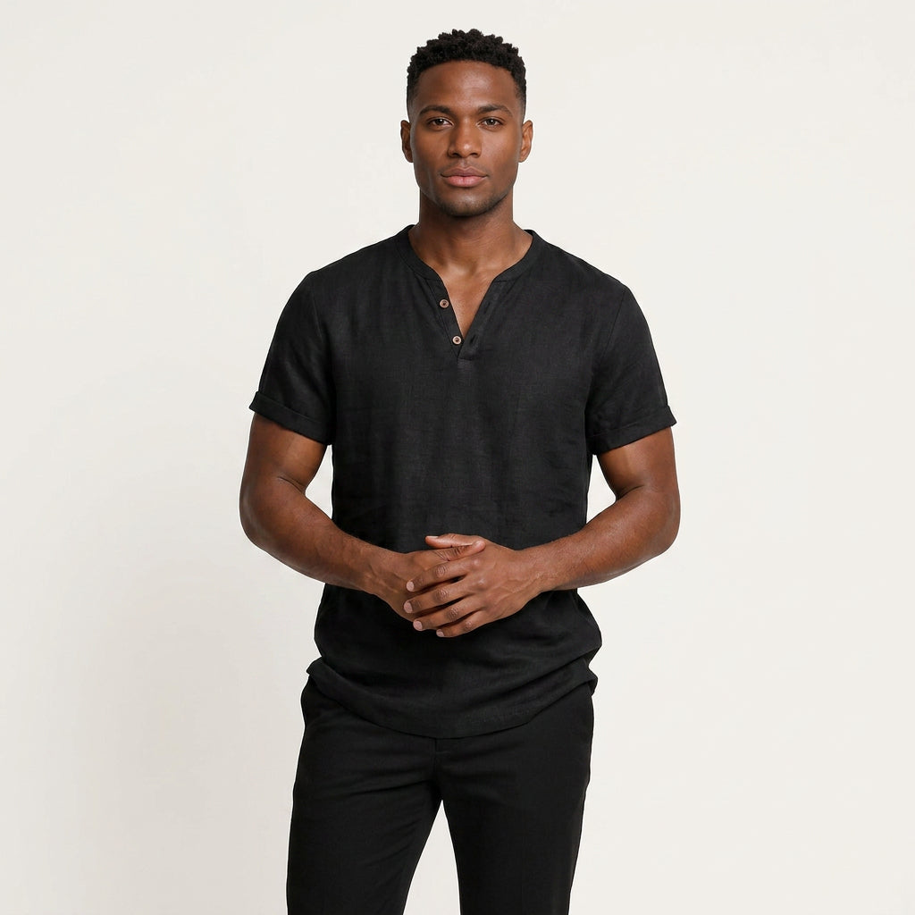 T-Shirt Henley Homme Col Boutonné Manches Courtes