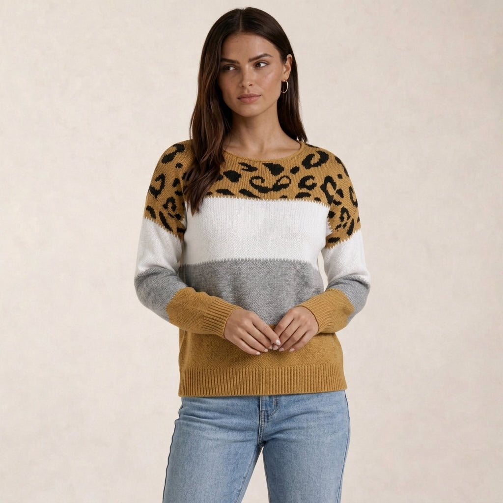 Pull Léopard Femme en Maille Color Block