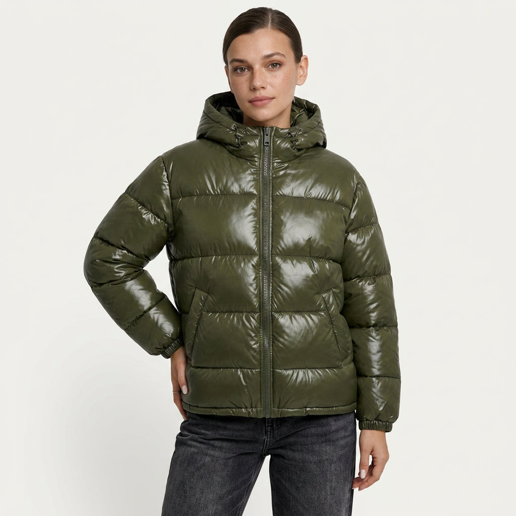Doudoune Brillante Femme à Capuche