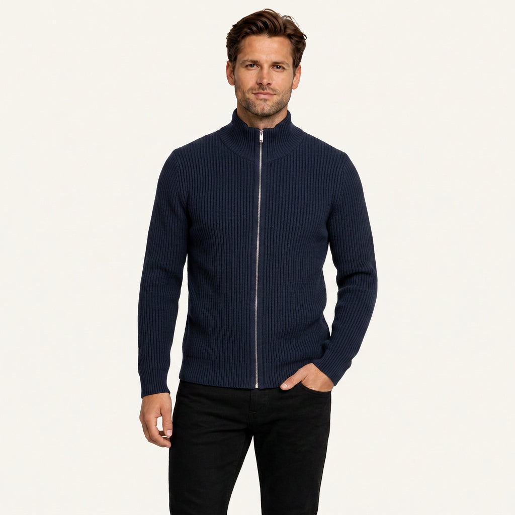 Gilet Homme Zippé en Maille Côtelée Col Montant