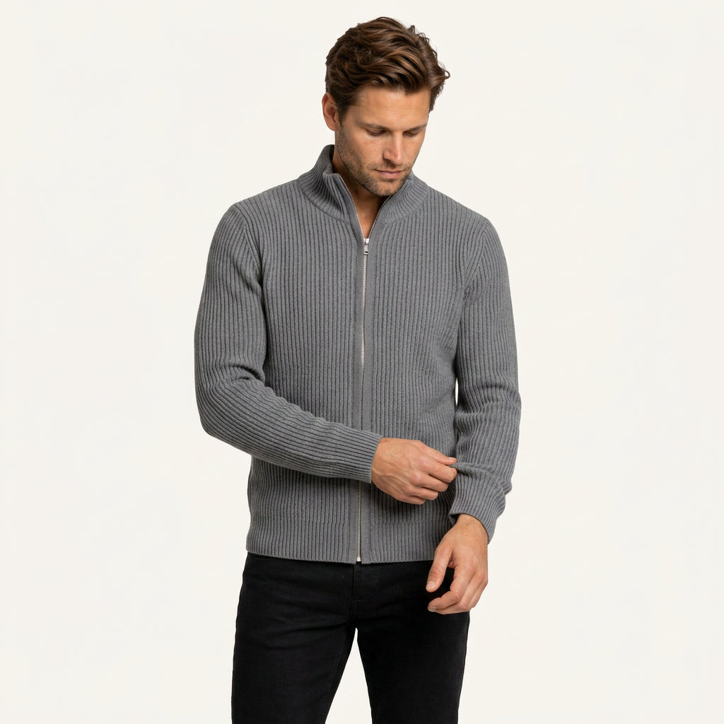 Gilet Homme Zippé en Maille Côtelée Col Montant