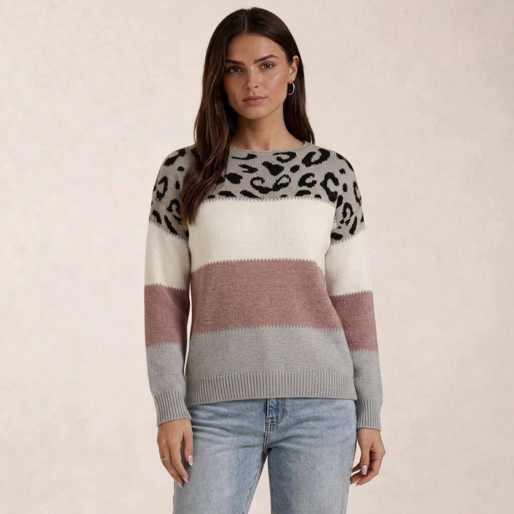 Pull Léopard Femme en Maille Color Block