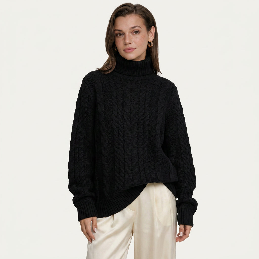 Pull Col Roulé Femme en Maille Torsadée